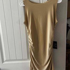 Norma Kamali Tan Sleeveless Midi Dress with Side Ruching. Pickleball dress